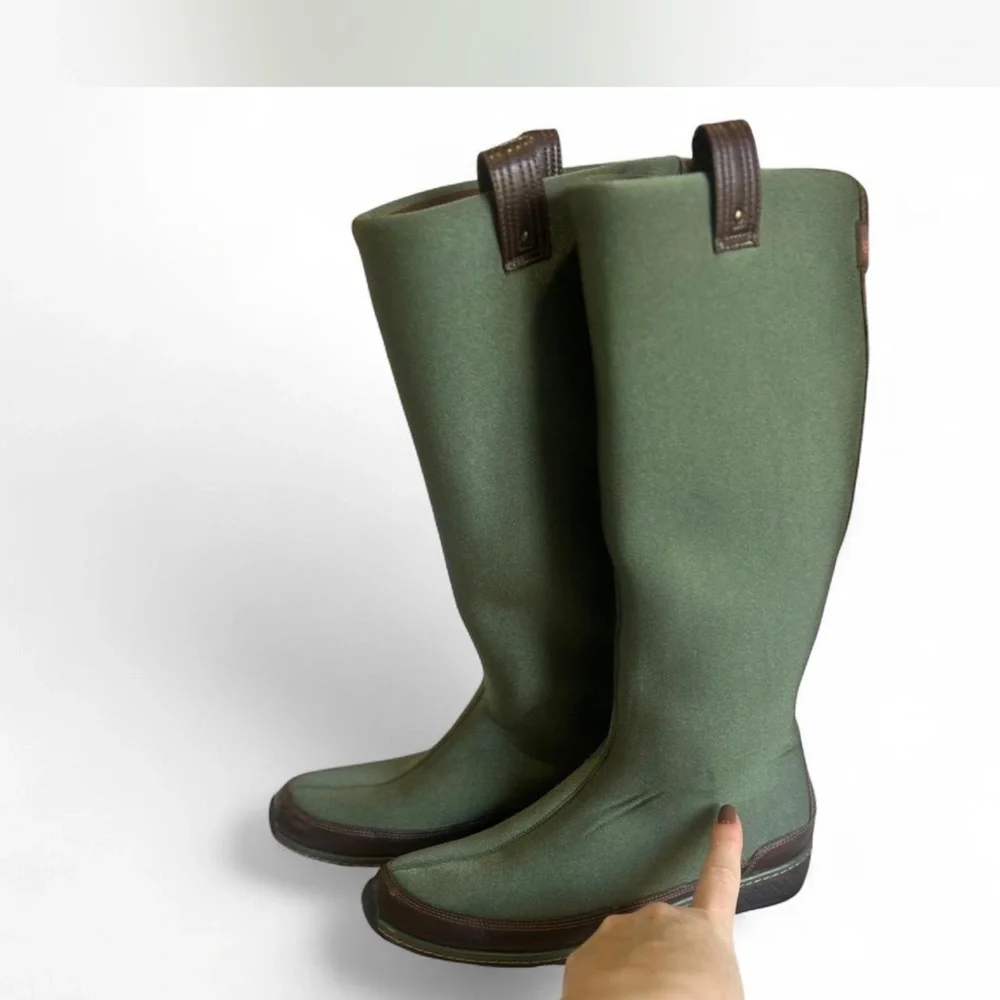 AETREX Green Brown Neoprene Pull On Tall Winter Rain Boots Waterproof Size 8 - Picture 3 of 8